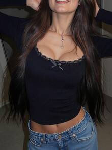 1 pieza Blusa de manga larga con cuello de encaje de unicolor, ajuste ceñido, versátil camiseta casual minimalista, suave y cómoda camiseta interior para otoño/invierno - Negro - Ver 5