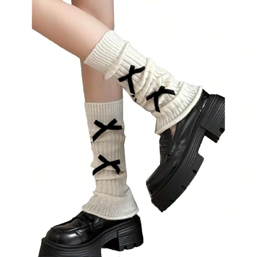 Women's Y2K 80s Leg Warmers Socks Rib Knit Boot Socks,OneSize,WhiteBowtie - WhiteBowtie - View 1