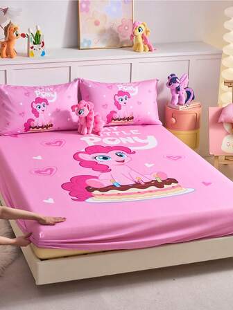  2/3 piezas Juego de ropa de cama con estampado de My Little Pony, incluye sábana ajustable, funda de colchón, suave y transpirable, cálido, disponible en múltiples tamaños para camas individuales/dobles/queen/king, lavable a máquina, diseño de personaje de dibujos animados, decoración acogedora de la habitación, gran regalo, color rosa