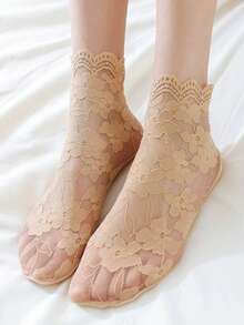 5 Pairs Women Sexy Summer Breathable Elastic Thin Leaves Transparent Lace Invisible Hollow Non-Slip Low Cut Socks - Multicolor - View 3