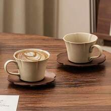 2pcs Retro Style Ceramic Coffee Cup And Saucer Set, Includes Cups Suitable For Holding Coffee And Tea, Coffee Cups Suitable For Saudi National Day Use, Suitable For Home, Entertainment Venues, Yards And Restaurants - Brown - View 10