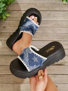 Women's Summer Denim Slippers, Fashion Strap Thick Bottom Slip-On Sandals - Blue - View 6