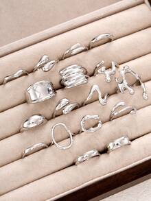 17pcs Vintage Elegant Chunky Design Women Metal Silver Color Ring Set, Suitable For Daily Wear And Party - Silver - View 3