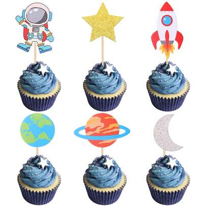 12pcs Astronaut Cupcake Toppers, Planet, Rocket, Spaceship, Moon & Star Themed Cupcake Decorations, Outer Space Party Supplies