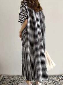 Vestido largo de mujer Vestido camisero de cuadros para mujer, de verano, manga corta, de algodón y lino, extralargo, por encima de la rodilla, holgado y con estilo - Negro - Ver 3