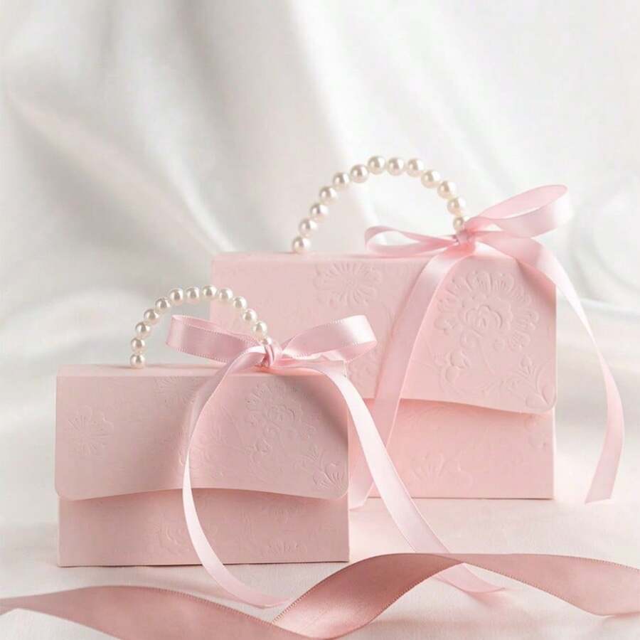 10 st presentaskar av papper med 3D-präglade blommor och pärlhandtag, lämpliga för fester, högtider, bröllop, födelsedagar, presentförpackningar för små evenemang, presentaskar för alla hjärtans dag - Rosa - Visa 1