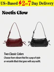 Vintage-Inspired Shoulder Bag With Zipper Closure. Classic Solid-Color Elegant Shoulder/Underarm Bag. Women's Handbag Featuring A Fashionable Bow Accent. Includes Adjustable Shoulder Strap. Perfect For Daily Commutes And Campus Casual Wear. Ideal For Dates, Outings, And Parties.  Women's Handbag. - 彩色 - 查看 7