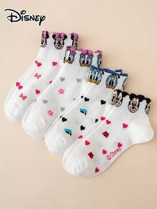 4 Pairs Disney Mickey Mouse Heart & Floral Pattern Women's Mid-Calf Socks - Multicolor - View 2
