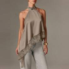 Women Y2k Satin Sleeveless Mock Neck Lace Trim Tank Top Elegant Backless Asymmetric Hem Going Out Halter Tops Summer Party Club Open Back Streetwear - 灰色 - 查看 4
