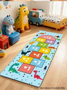 1 covor cu model de dinozaur Hopscotch, fundal albastru cu grile colorate Hopscotch și diverse modele de dinozauri, aducând o atmosferă plină de viață a copilăriei în spațiul interior, material moale și prietenos cu pielea, confortabil la atingere, potrivit pentru decorul camerei de zi, dormitorului, covor lavabil