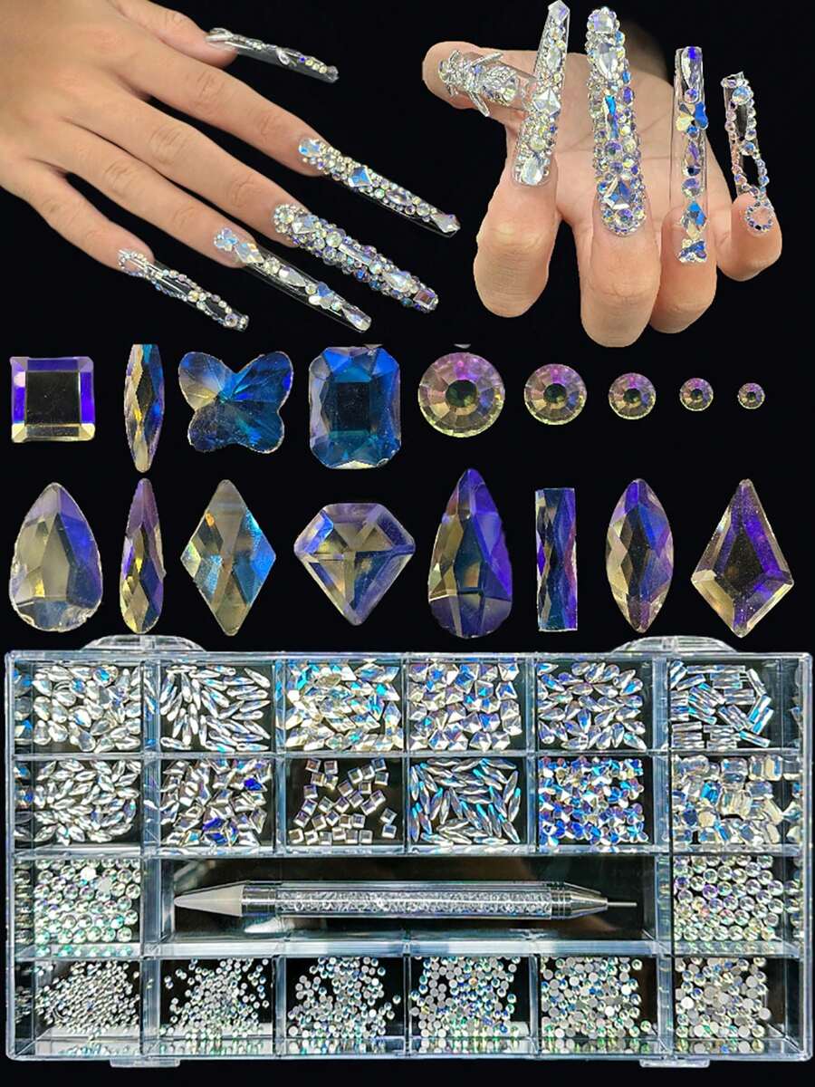 KIRAME 21 Compartments DIY Nail Art K9 Glass Moonlight Flat Bottom Rhinestone Set - 30pcs High Gloss Rhinestones Per Style, Includes 1 Dotting Pen, Nail Gems, Suitable For Nail Salons, Home Manicure, Nail Supplies, Christmas, New Year, Valentine's Day Nails, Holiday Gifts, Also For Crafts, Clothing, Textiles, Shoes, Glassware, Jewelry Making - Multi-Size Sparkling Decorations - 藍白色 - 查看 1