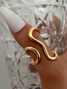 1件时尚不对称波浪弧形不锈钢可调节开口耳环，适合女士日常/派对佩戴 - 金色 - 查看 2