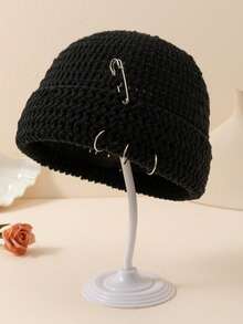 1 peça Unissex de Crochê Feito à Mão, Cor Sólida, Broche Removível, Gorro de Tricô Vazado, Estilo Urbano Moderno, Gorro de Inverno Quente - Multicolorido - Ver 12