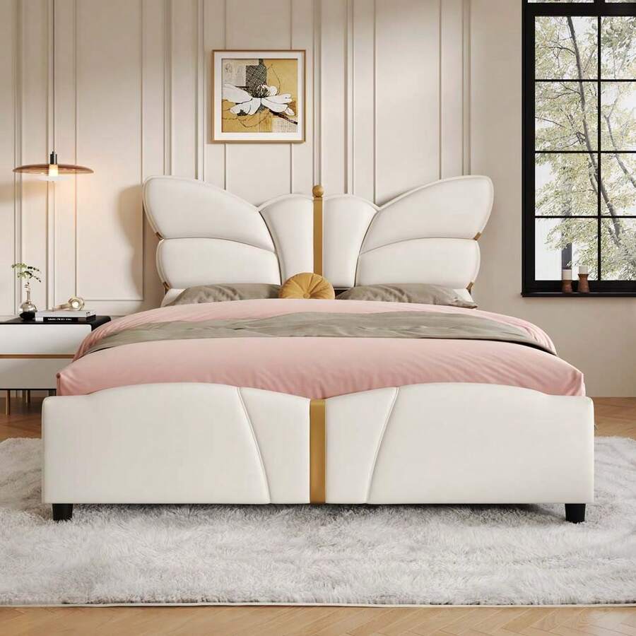 MERAX Queen Size Upholstered PU Leather Bed Frame, With Butterfly Shaped Headboard And Footboard, Platform Bed Frame With Gold Metal Decorations, No Box Spring Needed, Beige - Màu be (Giường Queen) - Xem 1