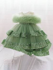 女婴亮片薄纱可爱花童婚礼拖尾礼服，适合派对、生日、外出等场合，不含头饰 - 綠色 - 查看 3