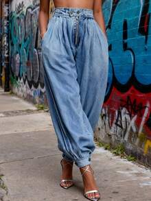 Women Harem Denim Pants Causal High Waist Wide Leg Baggy Solid Color Trousers With Pockets - Màu xanh lam - Xem 9