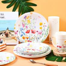 Blumenmuster Einweg-Geschirr Set, 18/23 cm Party Teller, Einweg Pappteller und Becher geeignet für Feiertage, Hochzeiten, Verlobungen, Geburtstage, Partys, Feierlichkeiten - Verschiedenfarbig - Übersicht 4