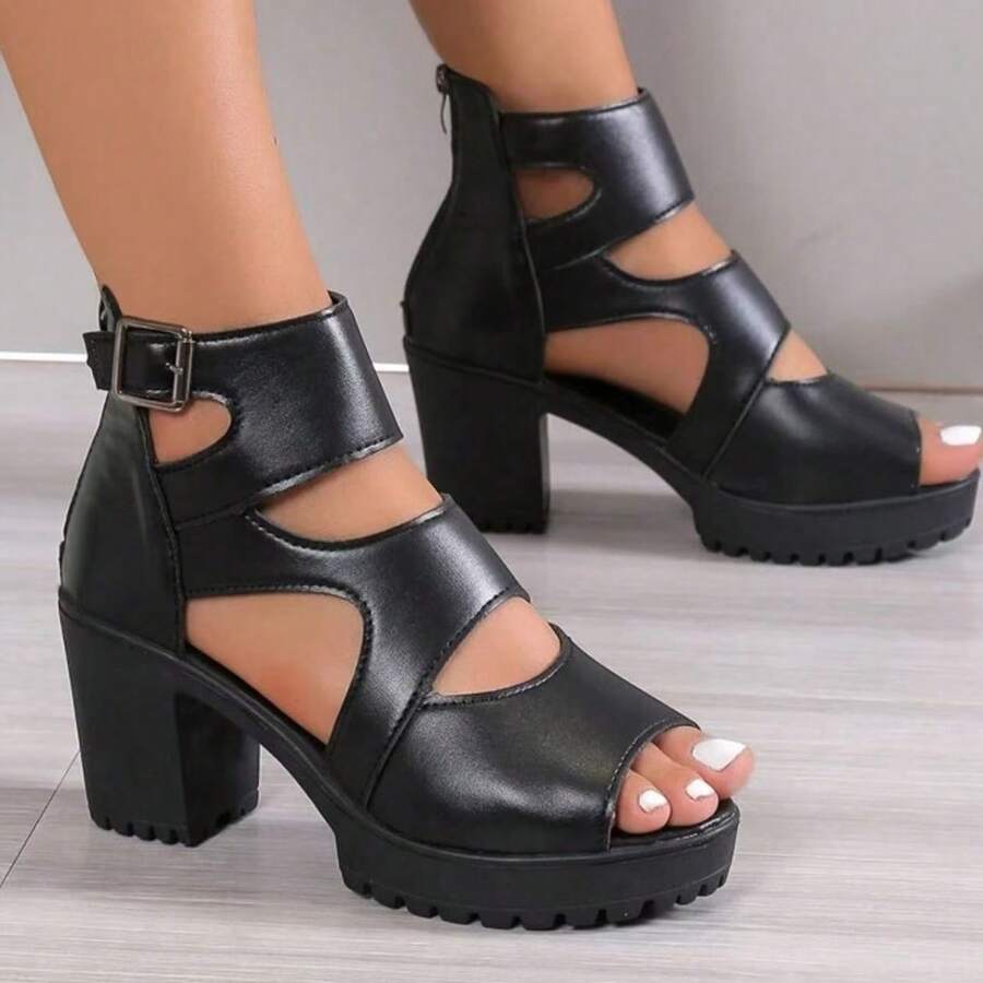 Giày sandal đế dày chống thấm nước, kiểu dáng La Mã, hở mũi, chất liệu da thật, mẫu mới mùa hè 2025 dành cho nữ, đa năng, nhiều size. - màu đen - Xem 1
