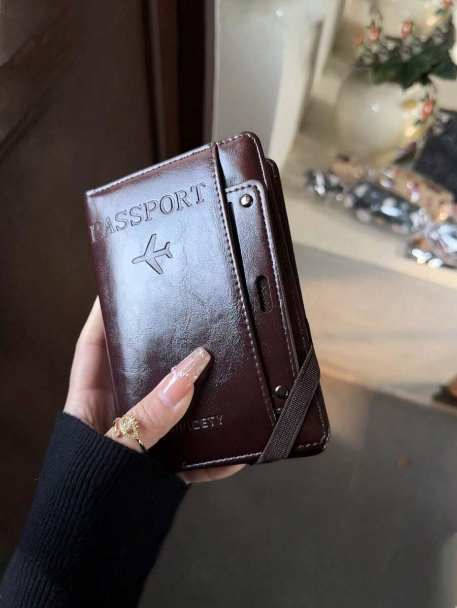 1pc Vintage Leather Multi-Functional Card Holder, Passport & Ticket Protector, Zipper ID Case In Coffee, Brown, Black, Pink, Red