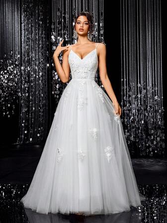 Women's V-Neck Floral Embroidery Mesh Patchwork Elegant Waist Cinched Formal Evening Gown Dress