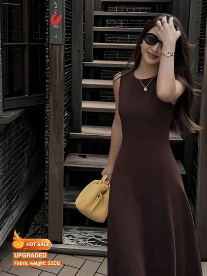 Women's Spring Knitted Solid Color Elastic Fitted Sleeveless Casual Maxi Dress, Suitable For Home, Beach, Wedding, Birthday, Party, Evening, New Year, Valentine's Day, Commuting, Elegant Office Wear