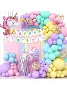 EstiloM A I Z I C Set De DecoracióN De CumpleañOs De Unicornio,147 Piezas,Con Globos De Aluminio 3D,Kit De Globos Macarons De EnsueñO,Adecuado Para NiñOs Y NiñAs,DecoracióN Para Interiores Y Ex(Macarons)VersióN Mejorada - azul plateado - Ver 1