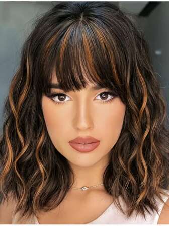 12 Inch Heat Resistant Synthetic Wave Hair Woven's Wig Brown Mixed Caramel With Black Bangs Natural Style Water Wave Curly Hair For Women Used Daily Party Cosplay