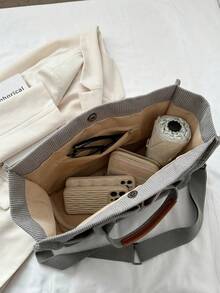 Striped Corduroy Foldable Tote Bag, Large Capacity - Grey - View 8