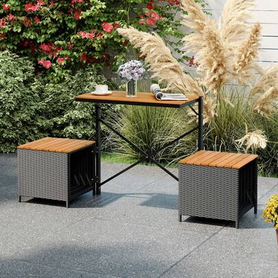  COSTWAY 2-In-1 Outdoor Convertible Bench, Transforming Interchangeable Picnic Table Garden Loveseat With Metal Frame, PE Rattan Acacia Wood Foldable Table And Chairs Set For Porch, Backyard & Deck, Black