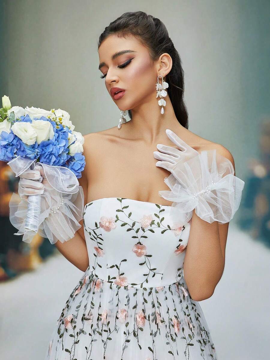 Đầm cưới dáng chữ A thêu họa tiết tinh tế Anpocket New Arrival Tube Top (Barehanded) - trắng - Xem 1