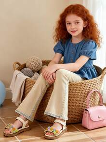 1双女童钩针花卉装饰仿皮防滑露趾踝带平底凉鞋，甜美粉彩色，适合日常休闲和夏季玩耍 - 米色 - 查看 10