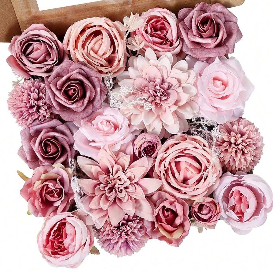 [Free Shipping]Artificial Flowers Combo Dusty Pink Roses With Stems Bouquets Bridal Wedding Shower Decorations Fake Floral For Party Table Centerpieces Home Decor - 復古粉 - 查看 1