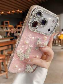 Ốp lưng điện thoại đính đá lấp lánh sang trọng, hình bướm ngọc trai 3D dễ thương, tương thích với iPhone 17 Pro Max, 17 Pro, 17 Air, 17, 16, 15, 14, 13, 12 Pro Max, 11, chống sốc. - Hồng - Xem 2