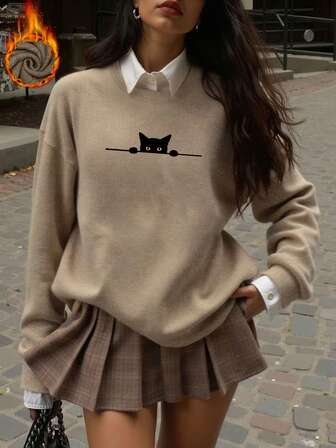 Women's Daily Cat, Peeking Pose, Horizontal Line Element Round Neck Long Sleeve Casual Spring/Fall/Winter Women's Sweatshirt/Women's Hoodie Valentine's Day/Back-To-School Winter Outfits For Women Cute Tops