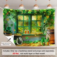 2D Green Clover Forest Window Scenery Polyester Photography Backdrop, Irish Shamrock Leprechaun Gold Coins, Lucky Horseshoe Green Hat, St. Patrick's Day, Indoor/Outdoor Birthday Party Decor