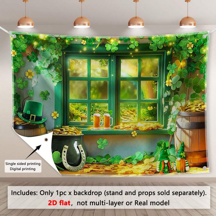 2D Green Clover Forest Window Scenery Polyester Photography Backdrop, Irish Shamrock Leprechaun Gold Coins, Lucky Horseshoe Green Hat, St. Patrick's Day, Indoor/Outdoor Birthday Party Decor