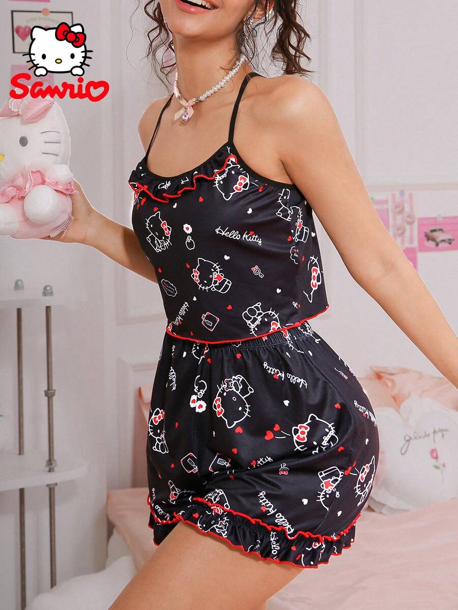 SANRIO Pajamoom 2 piezas Pijamas de mujer , Pijamas , Pijamas, Verano y Primavera, Negro, Blanco y Rojo, Cuello Redondo, Borde Avolantado, Ropa de Dormir, Conjunto Diario, Conjunto de Sueño Lindo, Conjunto de Ropa de Estar en Casa - Multicolor - Ver 1