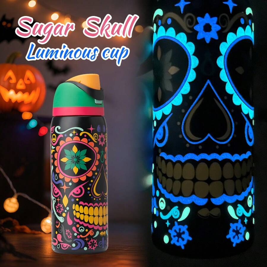 OWALAo Free-Sip Sugar Skull 32oz / 945ml Limited Edition Luminous Cup. This Bottle Does Both, With Bold Sugar Skull Art That's Bright In The Light And Glows In The Dark-Giving You Spirited Sips Any Time Of Day. Insulated Stainless Steel Water Bottle With Straw. Very Suitable For Water, Juice, Iced Tea Or Coffee, Ice Drinks ; Hot Drinks. It Is Very Suitable To Be Given As A Gift. - 糖 骷髏 - 查看 1