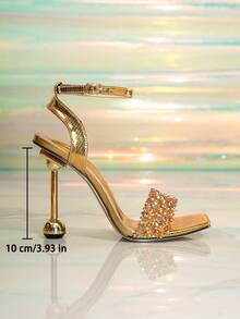 1 Pair Solid Color Party PU Leather Rhinestone Sandals, Sexy Fashion Gold Rhinestone High Heel Sandals For Women - Gold - View 6