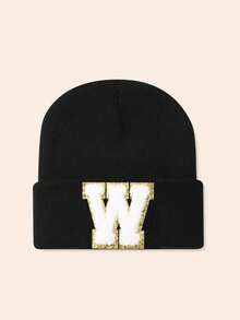 1pc Unisex Personalized Embroidered A-Z Letter Elastic Knit Beanie Hat, Fashionable Streetwear Knit Cap, Suitable For Autumn/Winter Daily Wear - Black - View 25