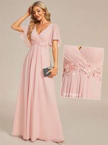 EVERPRETTY Elegant V-Neck Embroidered Ruffle Sleeve Pleated Chiffon Bridesmaid Dress, Formal Dress, Wedding Guest Dress Pink Spring - Pink - View 9