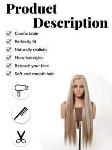 13*6 Inch HD Front Lace Long Straight Wig, 28-Inch Flaxen Blonde Lace Wig, High-End Women's Lace Wig, Heat-Resistant Synthetic Wig, Perfect For Daily Wear, Vacations And Travel, And A Great Holiday Gift For Girls. - Linen Gold - View 5