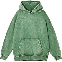 [Free Shipping]Mens Hoodies Oversized Unisex Acid Wash Hoodie Heavyweight Fleece Vintage Cotton Sweatshirt Men Women - A-綠色 - 查看 9
