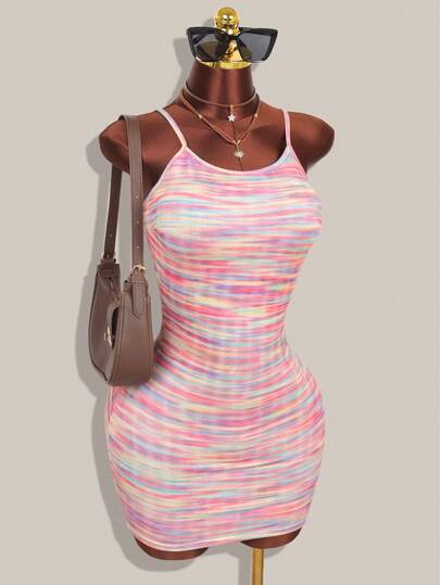 Women's Colorful Striped Spaghetti Strap Bodycon Mini Dress ,Sleeveless Casual Date Dress, Spring And Summer Women's Dress