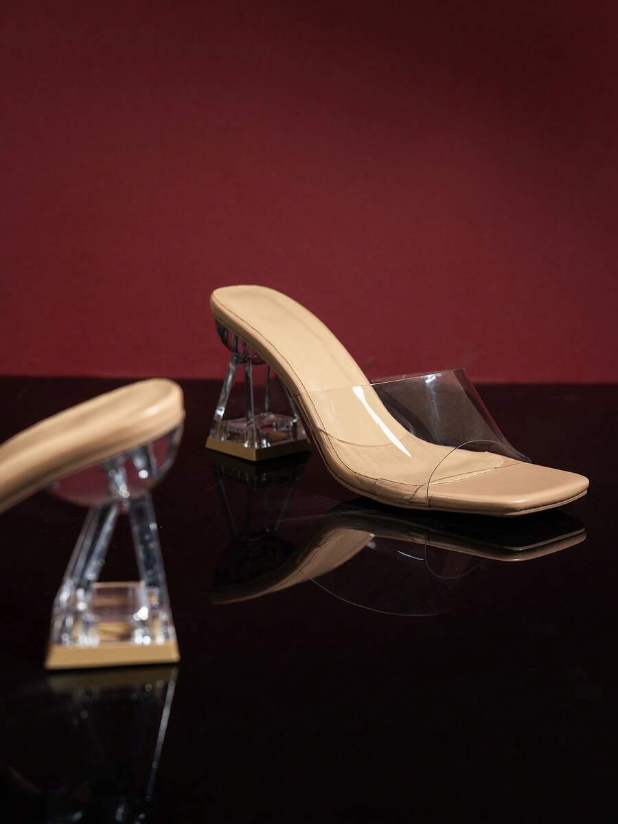 Women's French Square Toe Transparent Crystal Hollow Out Asymmetric Heel Open Toe Sandals, Summer New Fashion Simple Apricot Strap High Heel Sandals, Suitable For Valentine's Day/Office/Mall/Street Wear, Elegant High Heels