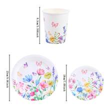 Juego de vajilla desechable con estampado floral, platos de 7/9 pulgadas, platos y vasos de papel desechables adecuados para fiestas, bodas, compromisos, cumpleaños, celebraciones y eventos - Multicolor - Ver 2
