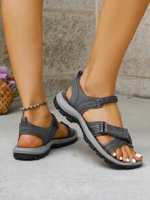 Women's Summer Sandals, Roman Style Open Toe Thin Strap Flat Sandals, Beach Woven Fabric Hook And Loop Strap Women Flat Beach Sandals - Grey - View 7