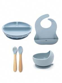 8pcs/6pcs/5pcs Baby Feeding Utensil Set, Silicone Tableware, Bib, Plate, Bowl, Fork & Spoon, Straw Cup - Multicolor - View 10