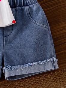 2件套女婴时尚可爱波点无袖上衣和毛边牛仔短裤套装，夏季 - 白色 - 查看 11