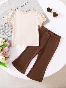 2件套女婴可爱时尚大蝴蝶结装饰短袖T恤上衣和条纹喇叭裤套装，春夏休闲装 - 棕色 - 查看 2
